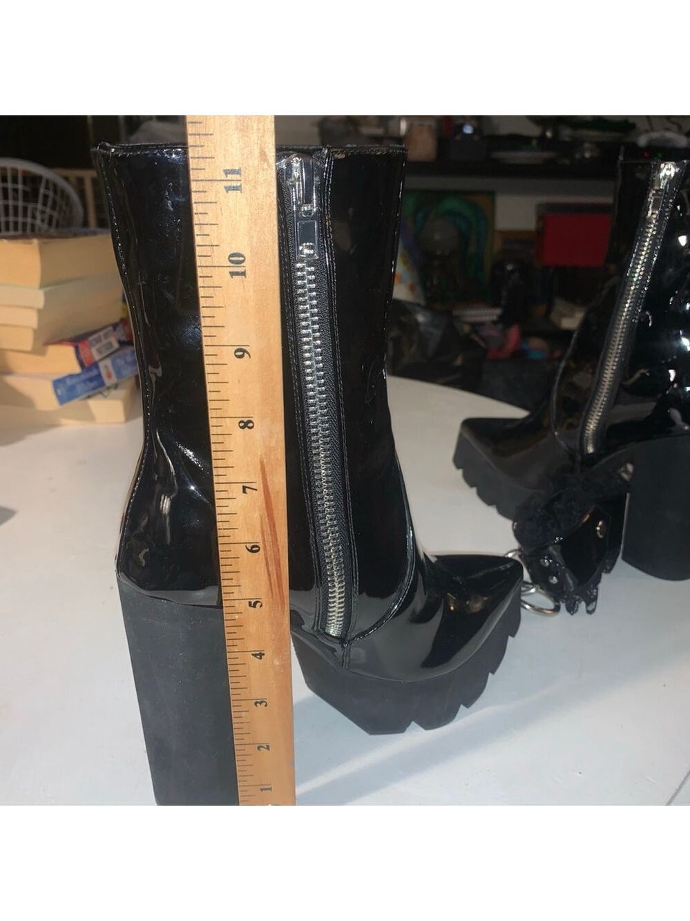 Women's Unbranded Black Patent Lace Trim Heeled Boots Size 7 - Picture 10 of 14